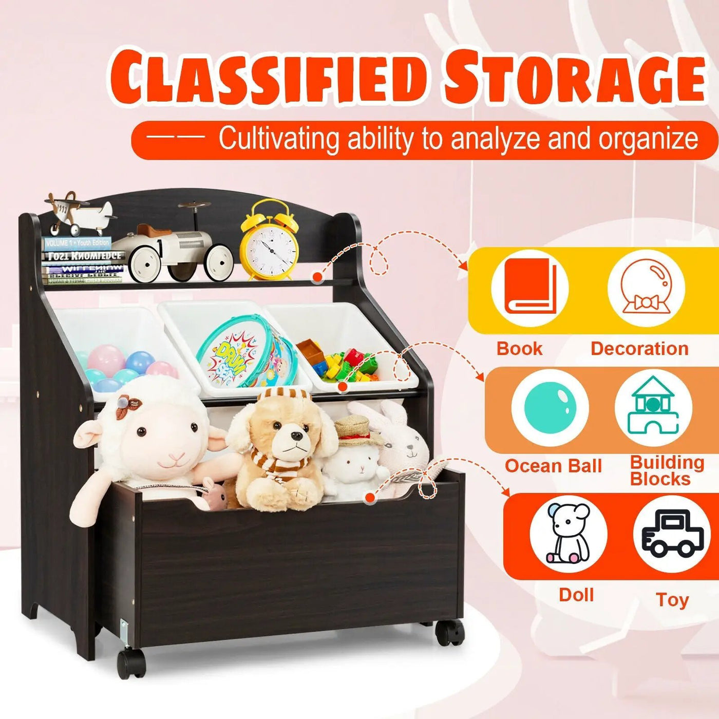 Kids Wooden Toy Storage Unit Organizer with Rolling Toy Box and Plastic Bins by DirectDeals