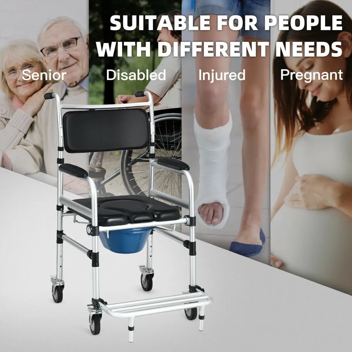 2-in-1 Aluminum Commode Shower Wheelchair with Locking Casters by DirectDeals