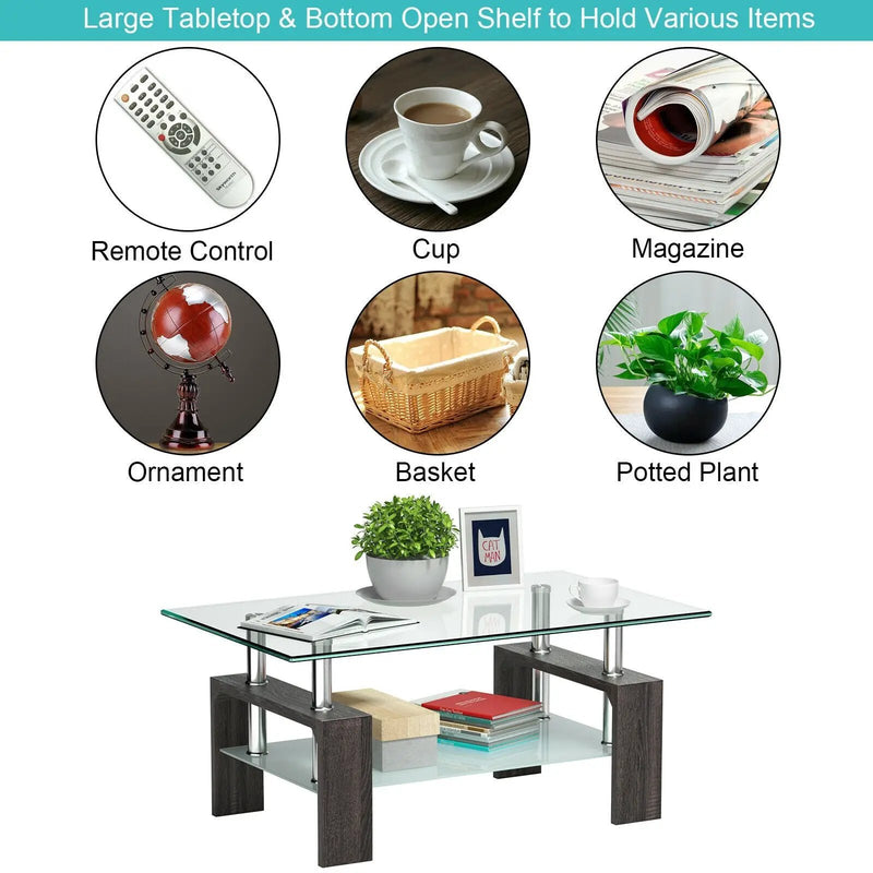 Rectangular Tempered Glass Coffee Table with Shelf by DirectDeals