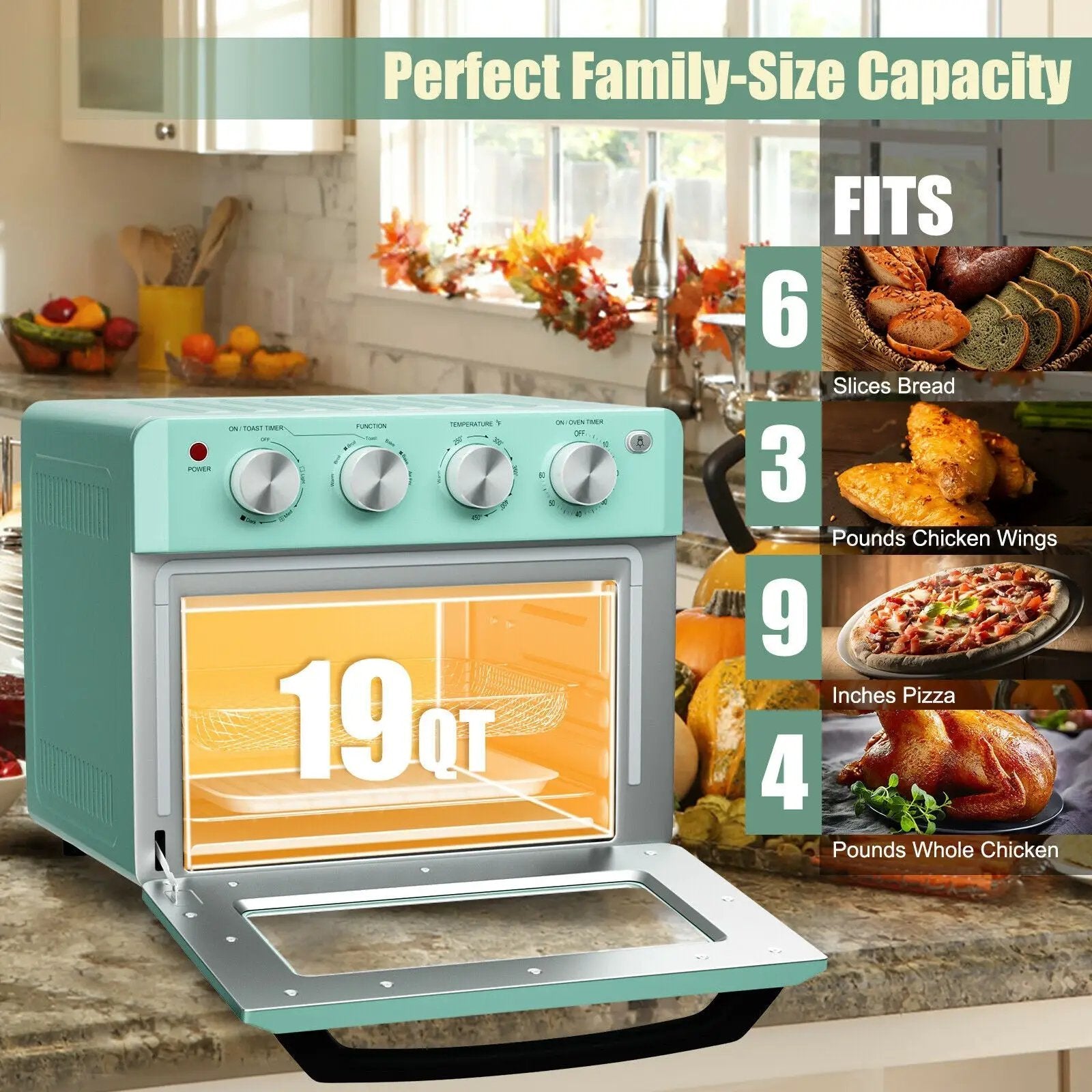 19 Qt Dehydrate Convection Air Fryer Toaster Oven with 5 Accessories-Green by DirectDeals