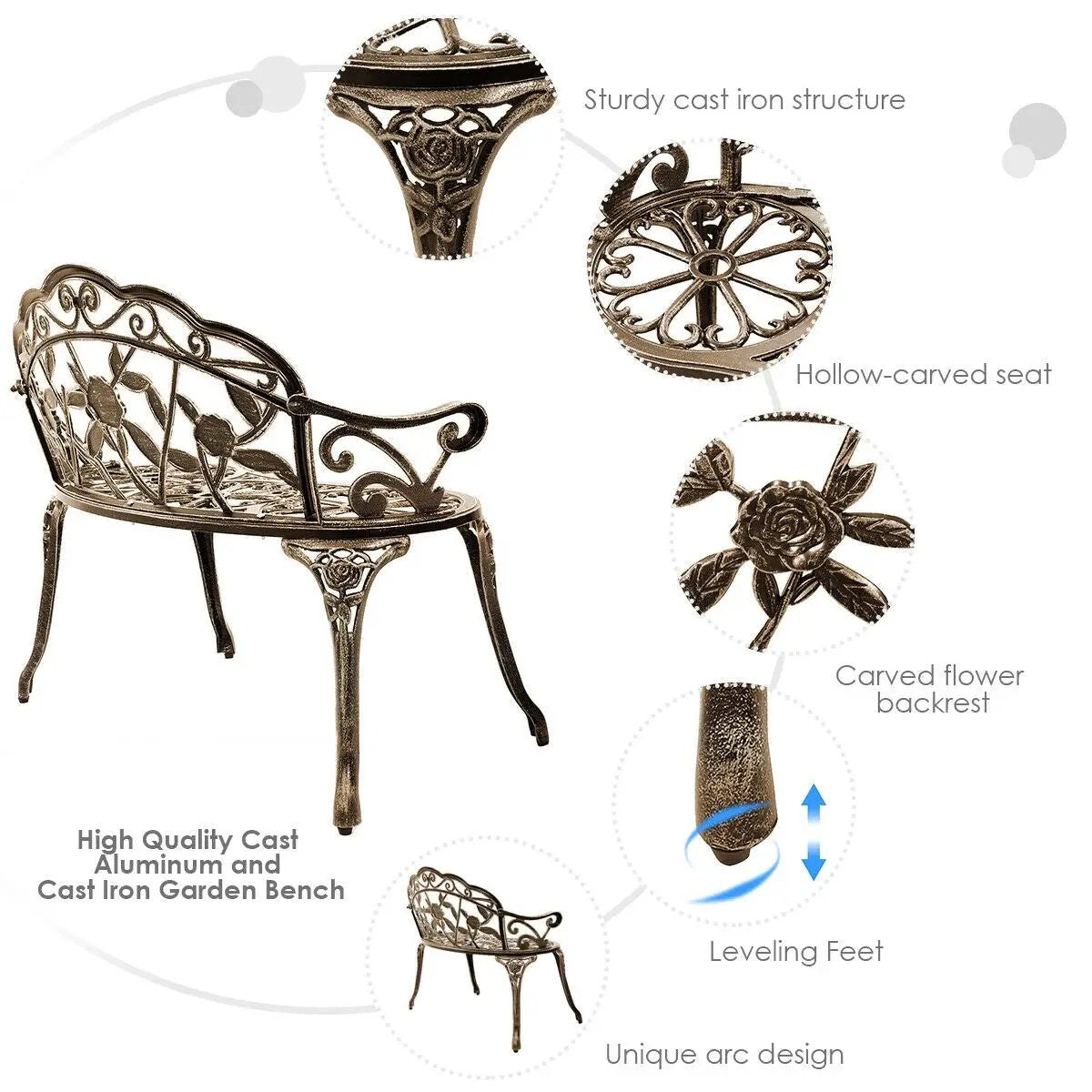 Outdoor Cast Aluminum Patio Bench Antique Rose by DirectDeals