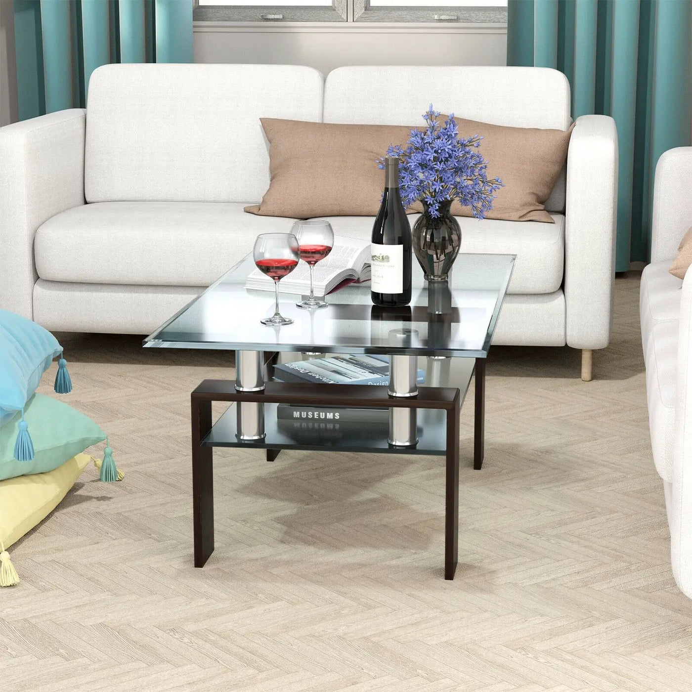 Rectangle Glass Coffee Table with Metal Legs for Living Room by DirectDeals