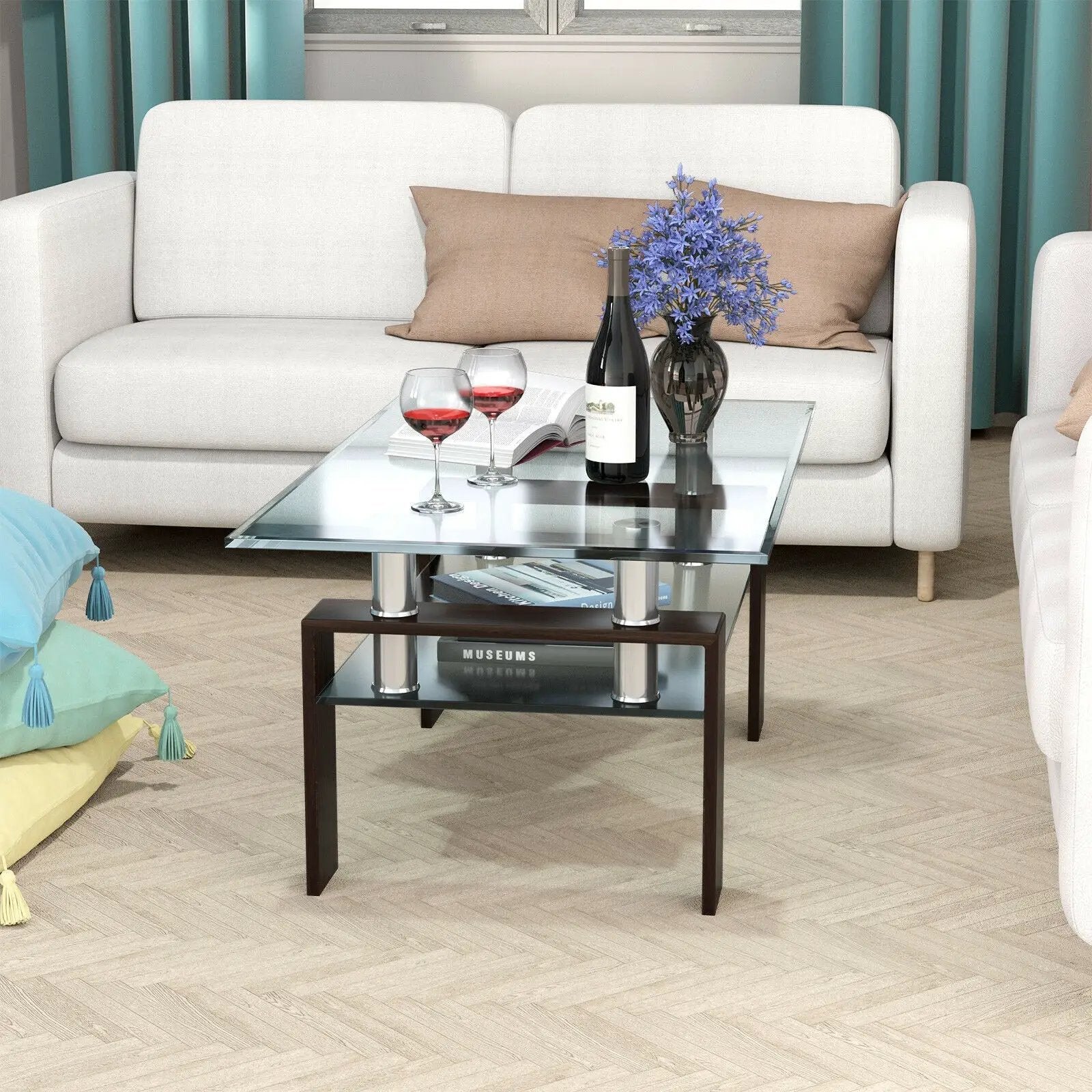 Rectangle Glass Coffee Table with Metal Legs for Living Room by DirectDeals