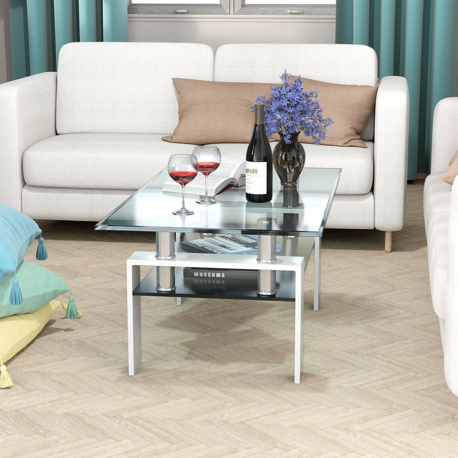Rectangle Glass Coffee Table with Metal Legs for Living Room by DirectDeals