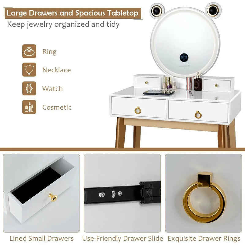 Vanity Set with 3-Color Lighted Touch Screen Dimming Mirror and 4 Drawers by DirectDeals