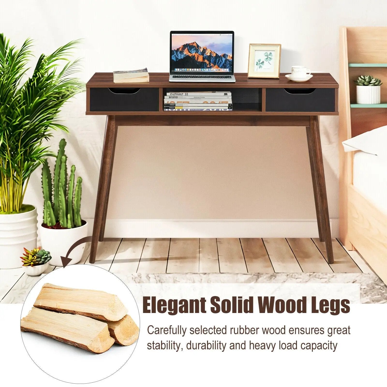Stylish Computer Desk Workstation with 2 Drawers and Solid Wood Legs by DirectDeals