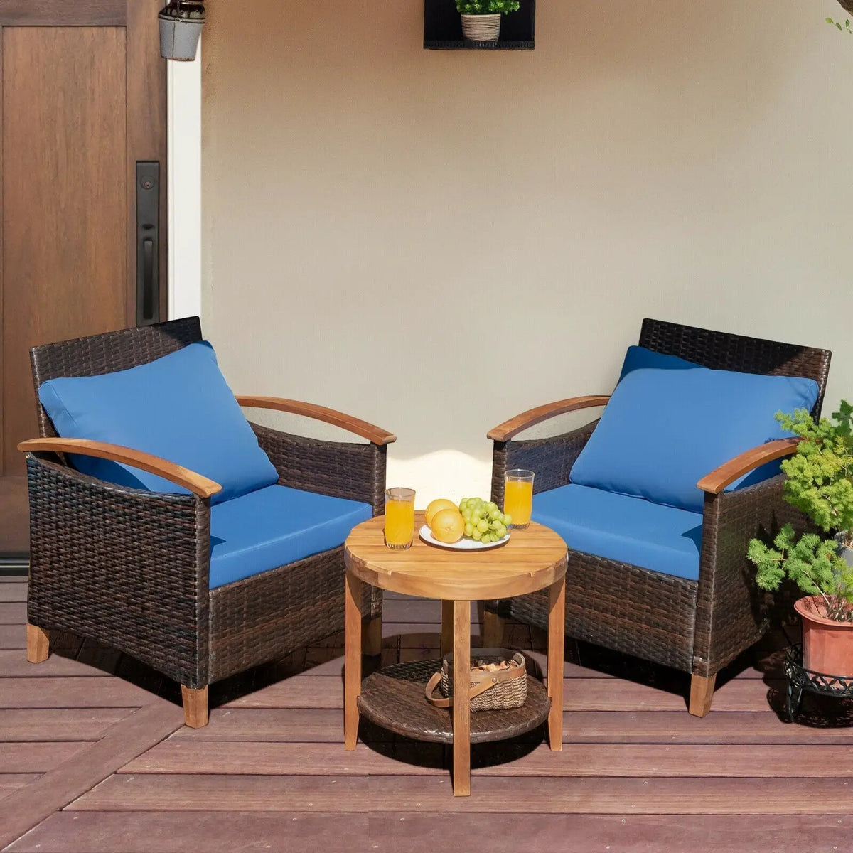 3 Pieces Patio Rattan Furniture Set with Washable Cushion and Acacia Wood Tabletop by DirectDeals