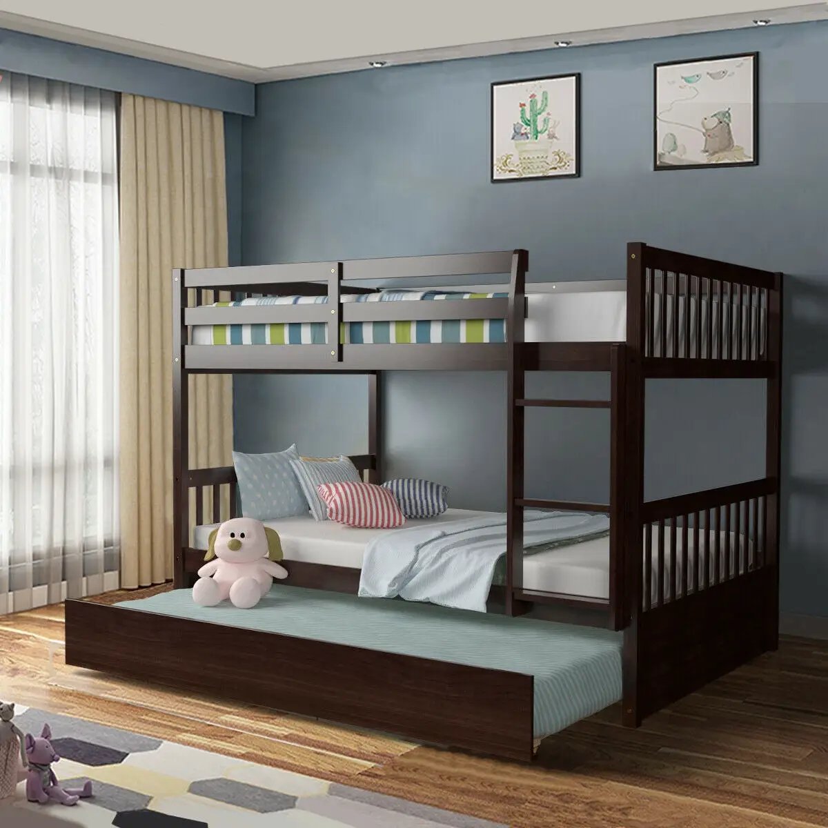 Full over Full Bunk Bed Platform Wood Bed with Ladder by DirectDeals