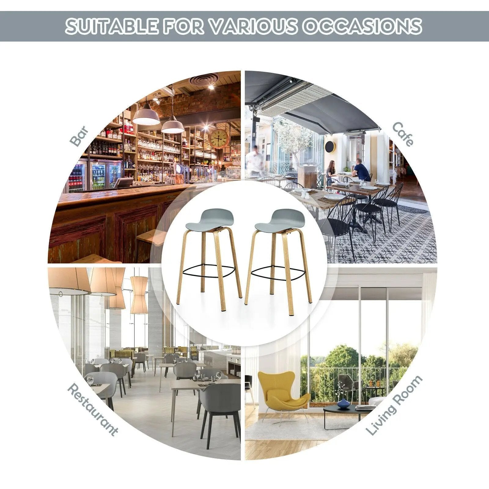 Set of 2 Modern Barstools Pub Chairs with Low Back and Metal Legs by DirectDeals