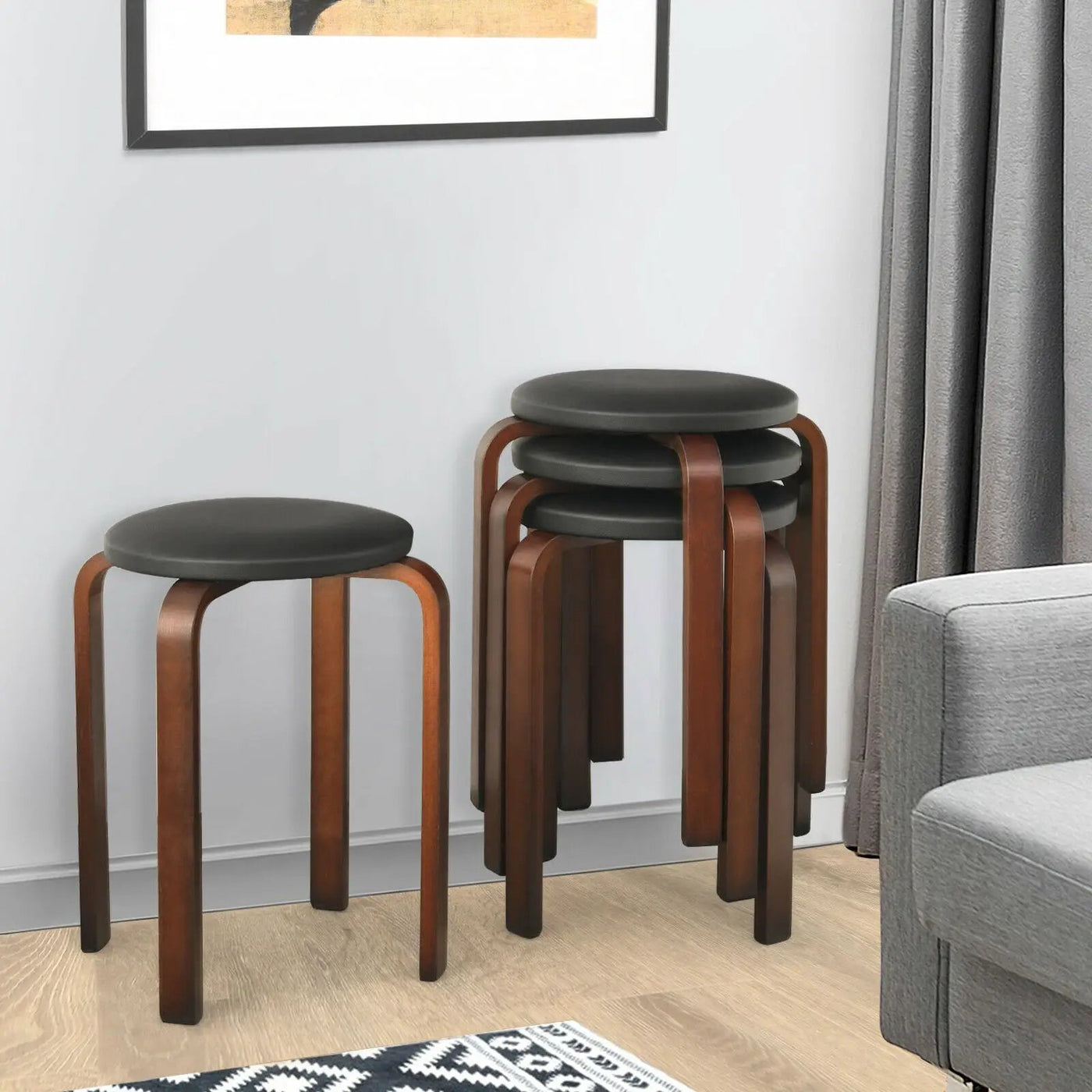 Set of 4 Bentwood Round Stool Stackable Dining Chairs with Padded Seat by DirectDeals