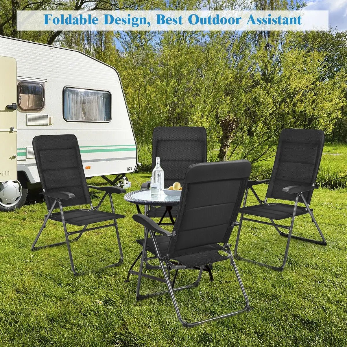 Set of 4 Patio Folding Chairs with Adjustable Backrest-Black by DirectDeals