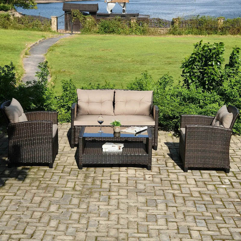 4 Pieces Outdoor Rattan Furniture Set with Glass Table by DirectDeals