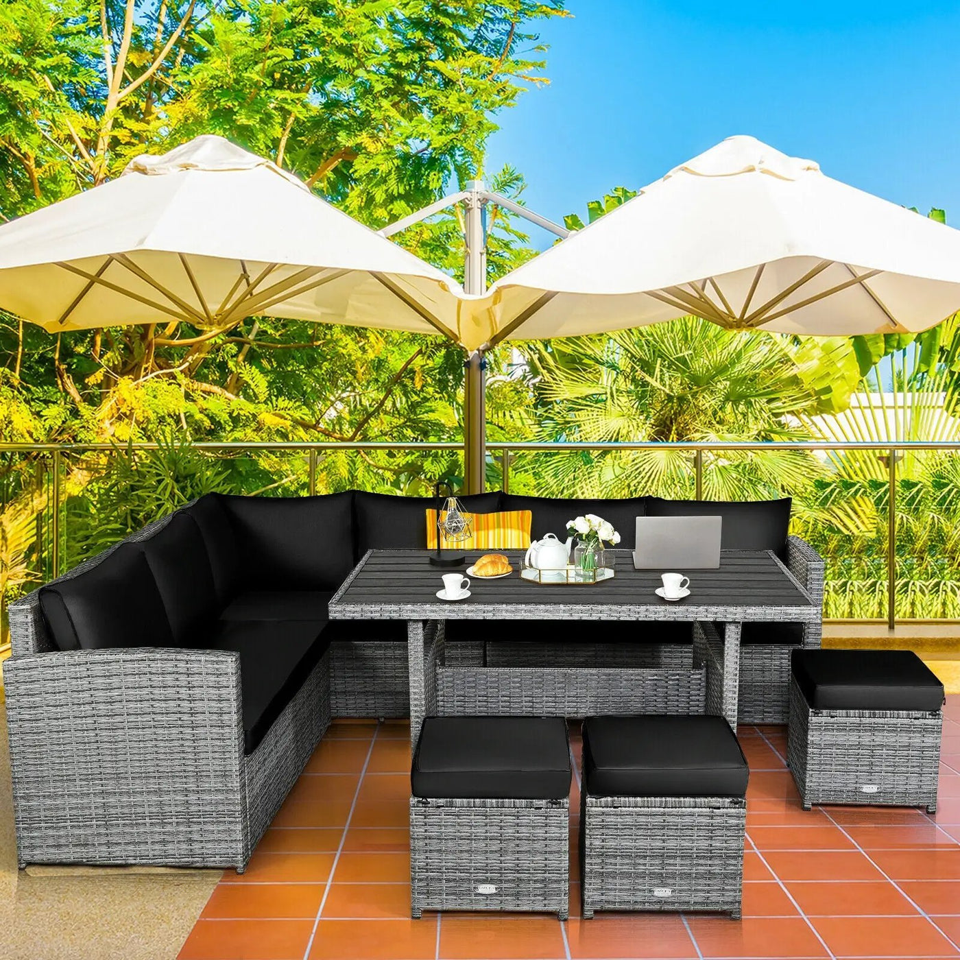 7 Pieces Patio Rattan Dining Furniture Sectional Sofa Set with Wicker Ottoman by DirectDeals