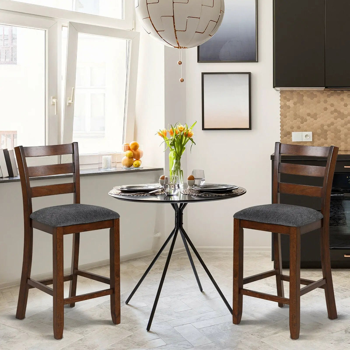 2 Pieces Counter Height Chairs with Fabric Seat and Rubber Wood Legs by DirectDeals