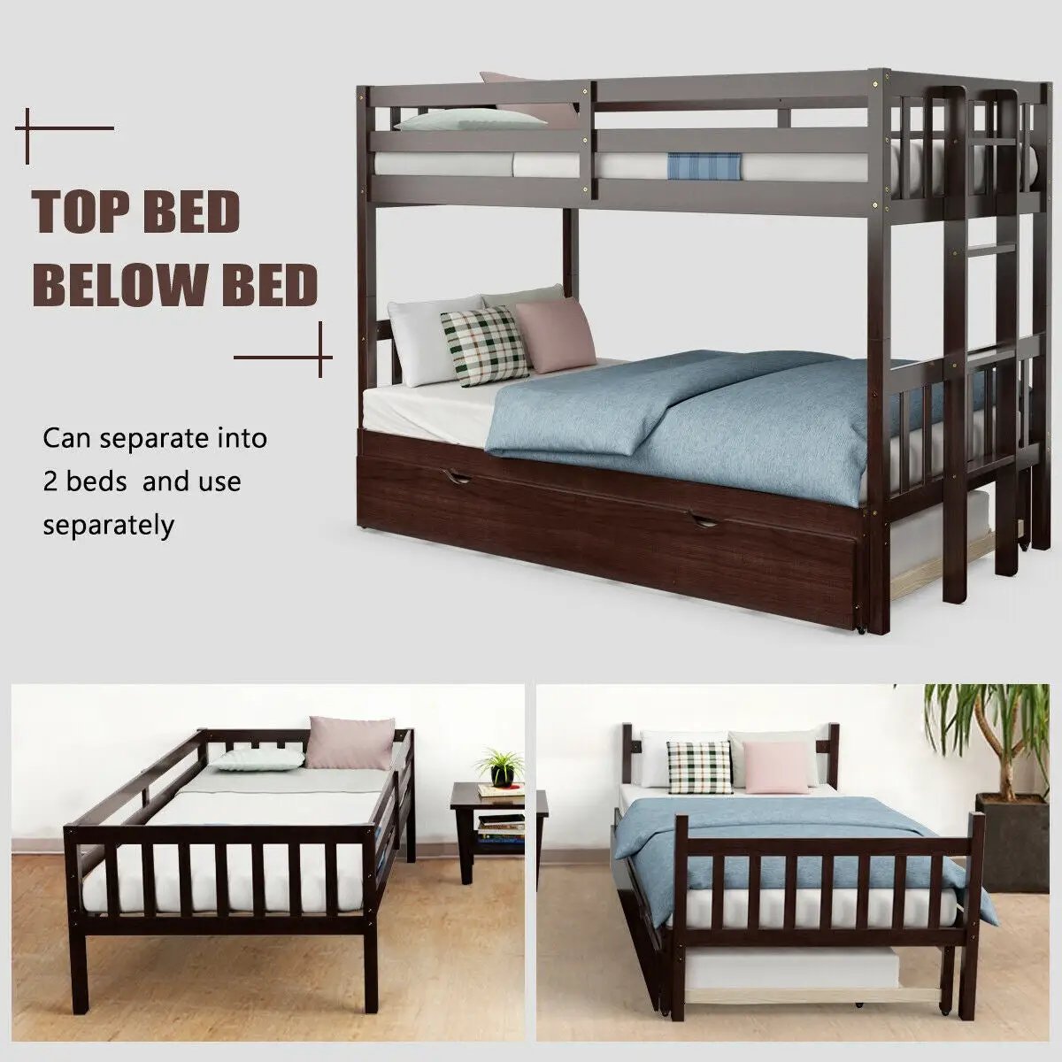 Twin Pull-Out Bunk Bed with Trundle Wooden Ladder by DirectDeals