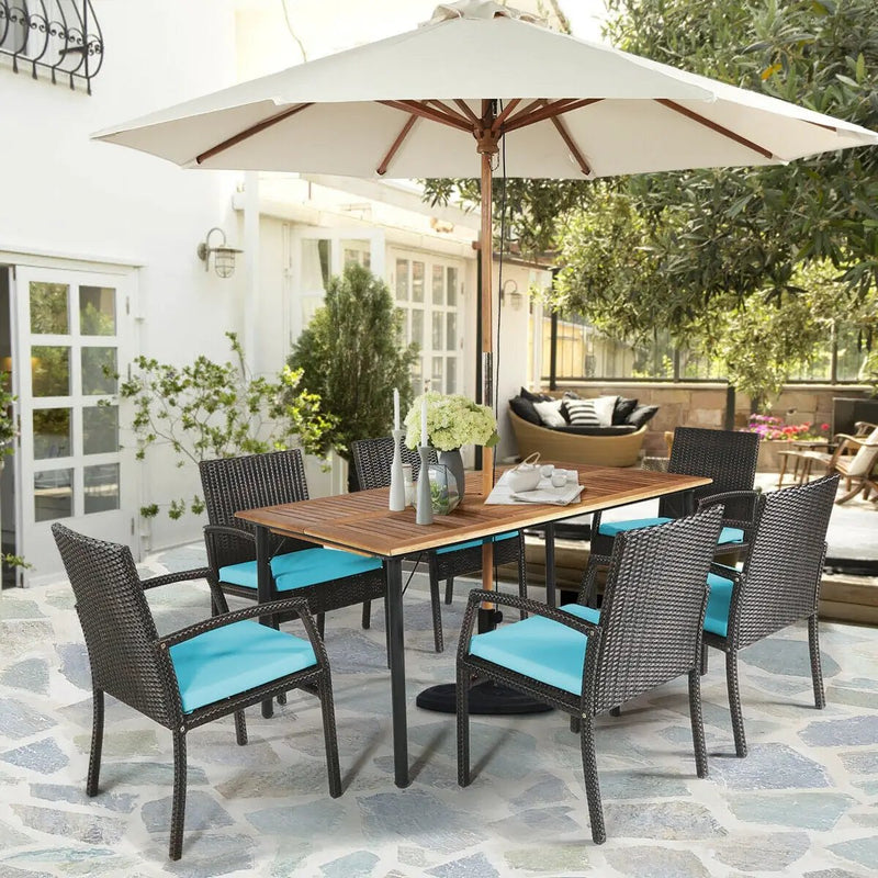7Pcs Patio Rattan Cushioned Dining Set with Umbrella Hole by DirectDeals