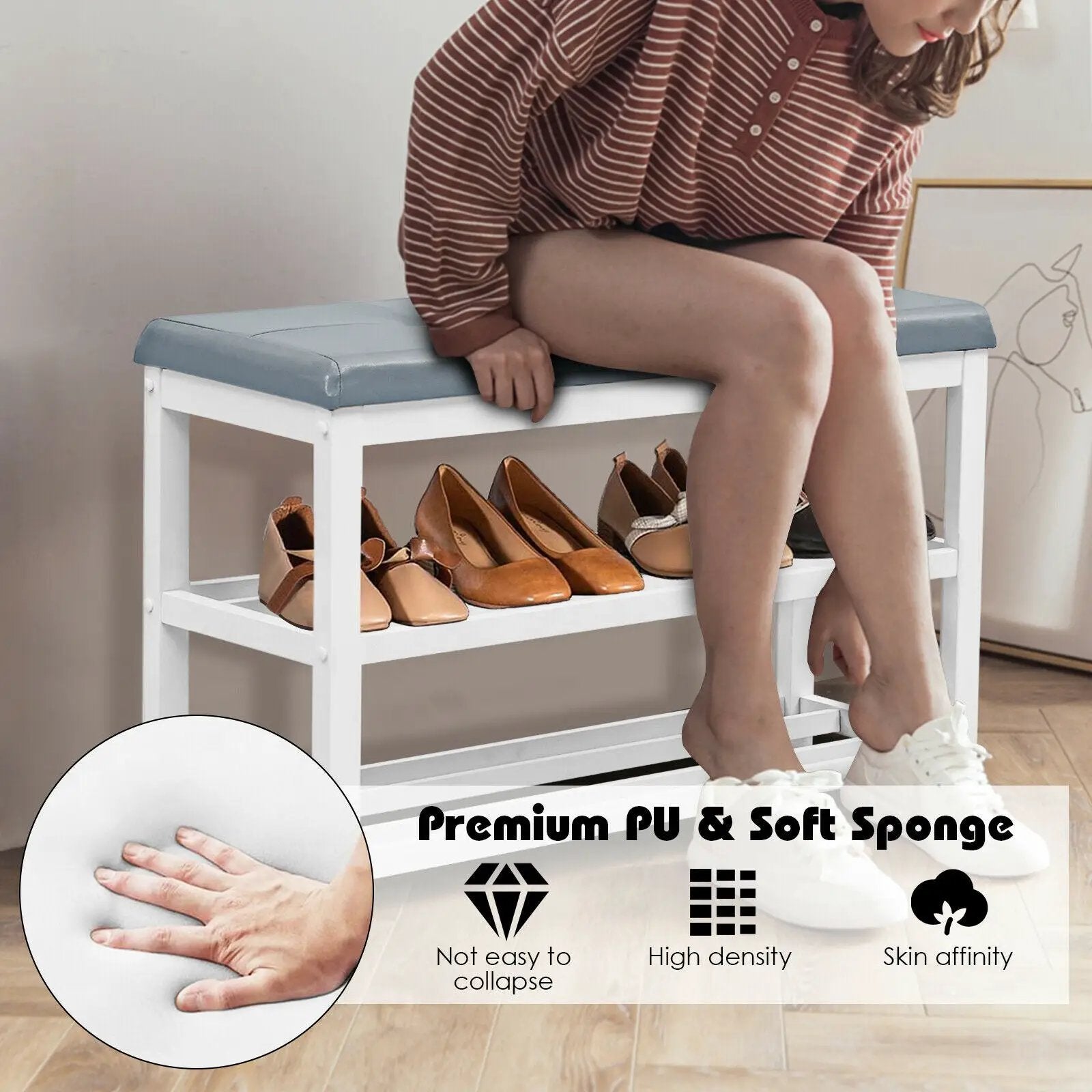 2-Tier Wooden Shoe Rack Bench with Padded Seat by DirectDeals