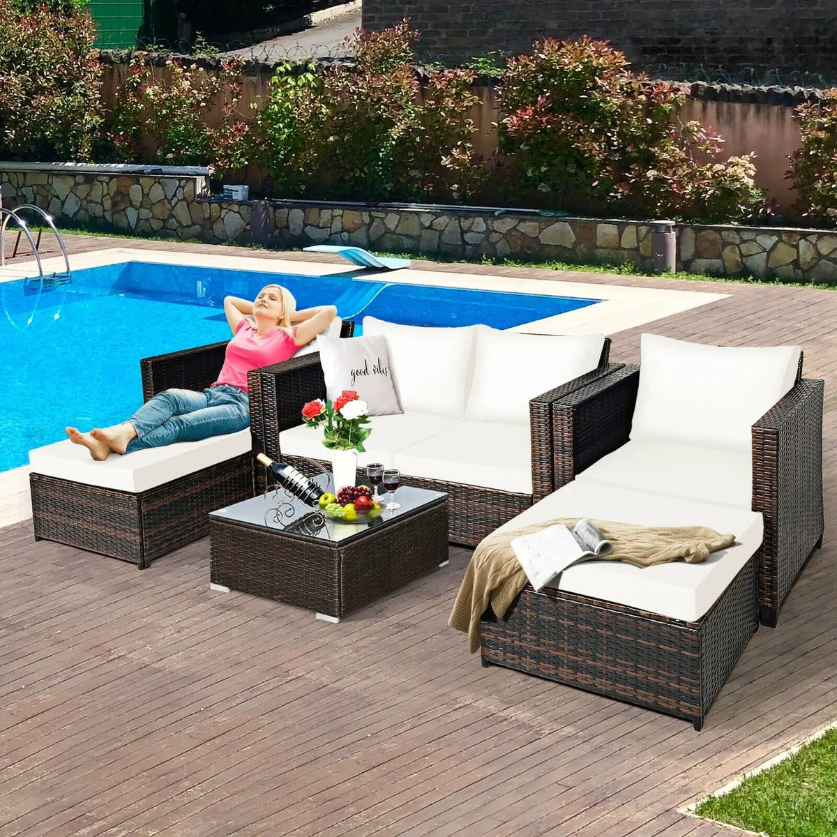 5 Pieces Patio Cushioned Rattan Furniture Set by DirectDeals