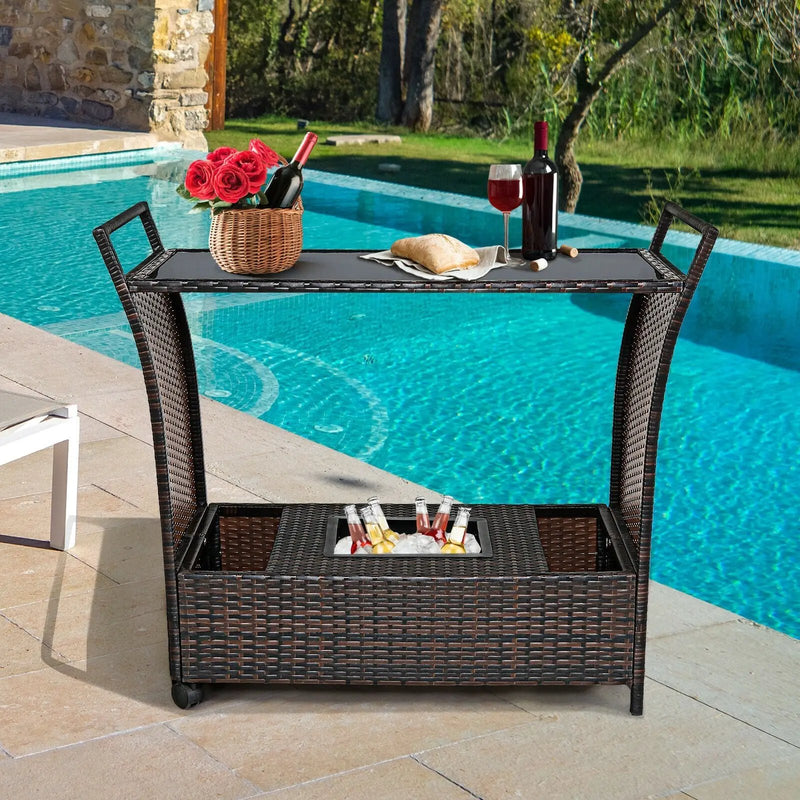 Patio Rattan Bar Serving Cart with Glass Top and Handle by DirectDeals