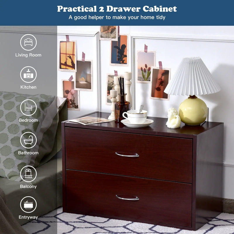 2-Drawer Dresser Horiztonal Organizer End Table Nightstand with Handle Wood-Brown by DirectDeals