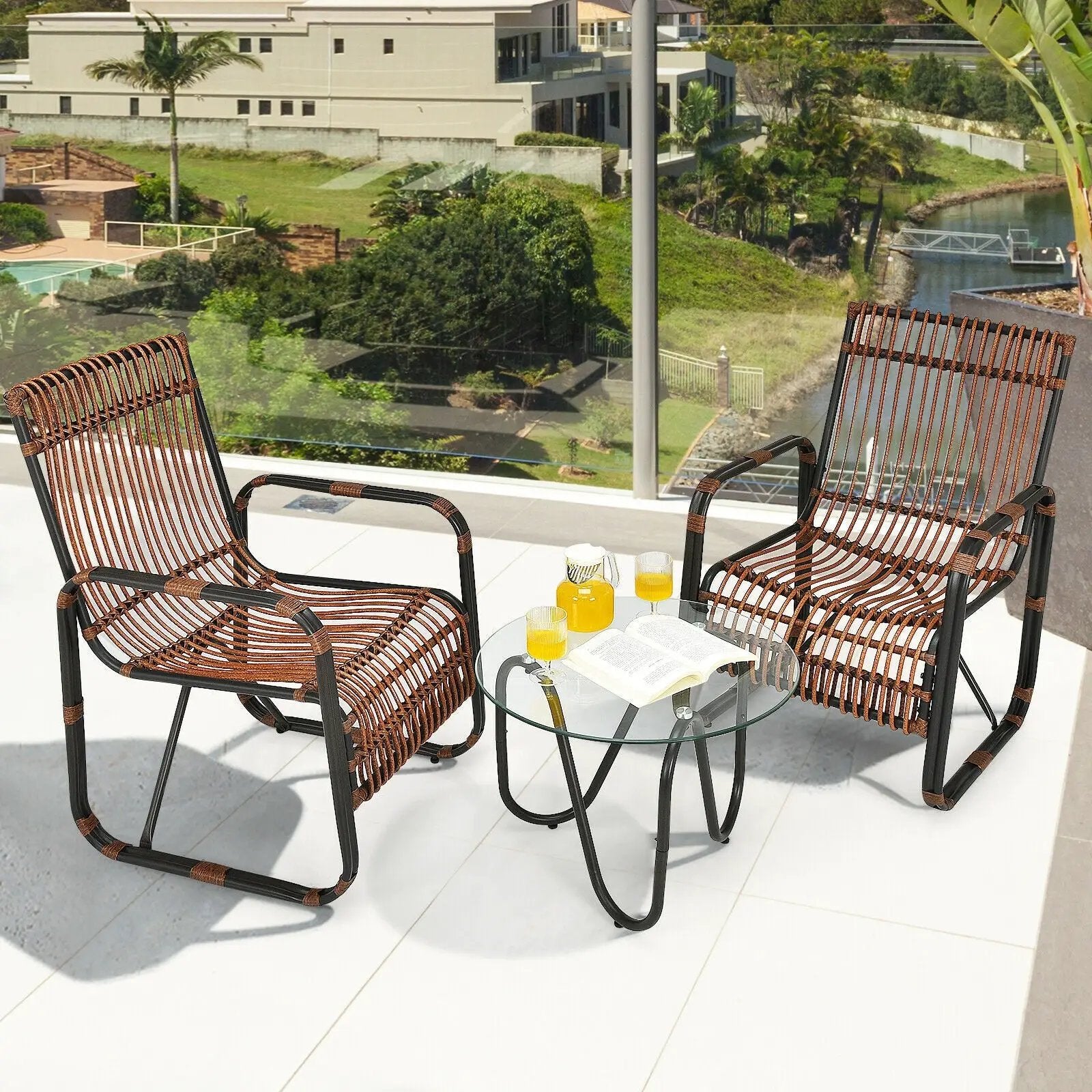 3 Pieces Patio Rattan Furniture Set with 2 Single Wicker Chairs and Glass Side Table by DirectDeals