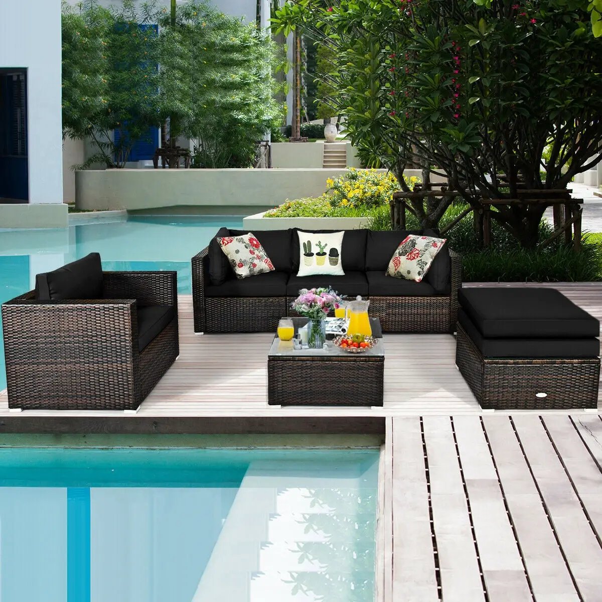 6 Pcs Patio Rattan Furniture Set with Sectional Cushion by DirectDeals