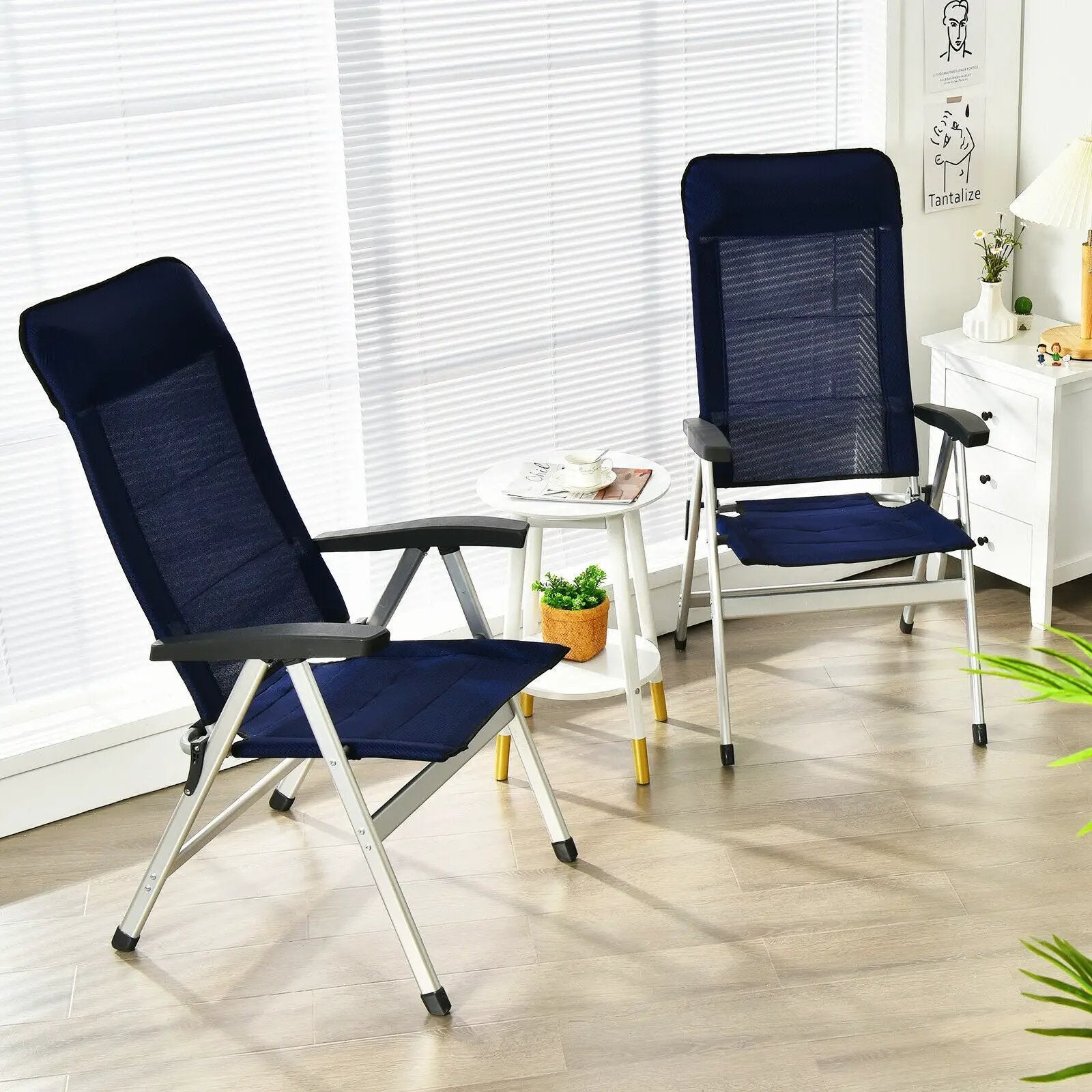 2Pcs Patio Dining Chair with Adjust Portable Headrest-Blue by DirectDeals
