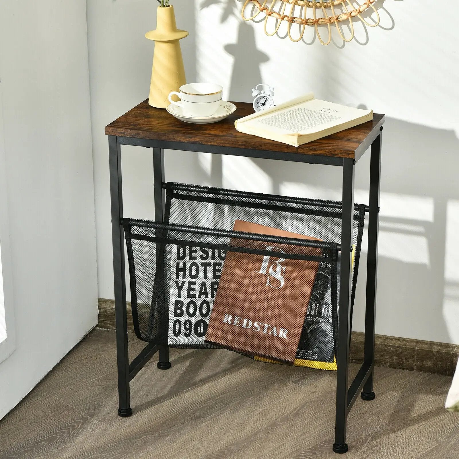 Narrow End Table with Magazine Holder Sling for Small Space by DirectDeals