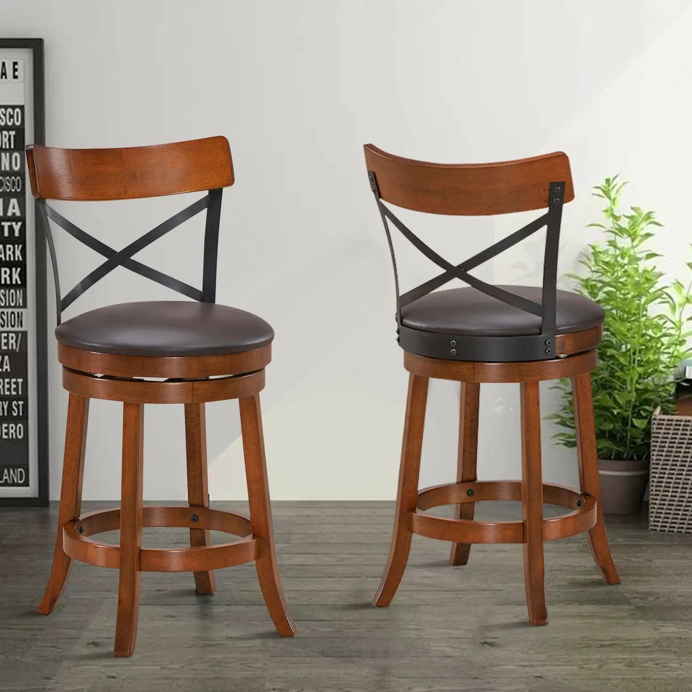 Set of 2 Bar Stools 360-Degree Swivel Dining Bar Chairs with Rubber Wood Legs by DirectDeals