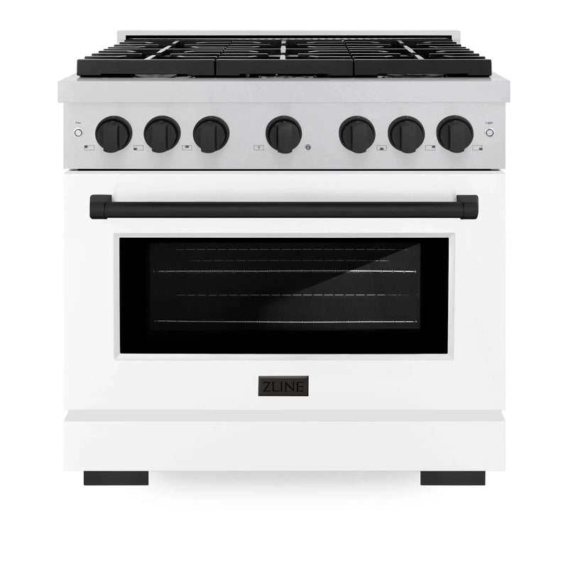 ZLINE 36"Paramount Dual Fuel Range DuraSnow® White Matte, Matte Black SDRSZ-WM-36-MB by Farmhouse Kitchen and Bath