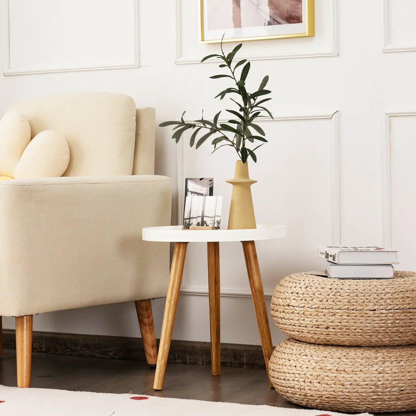 Mid Century Modern Round Side Sofa Coffee Table with Wooden Tray by DirectDeals