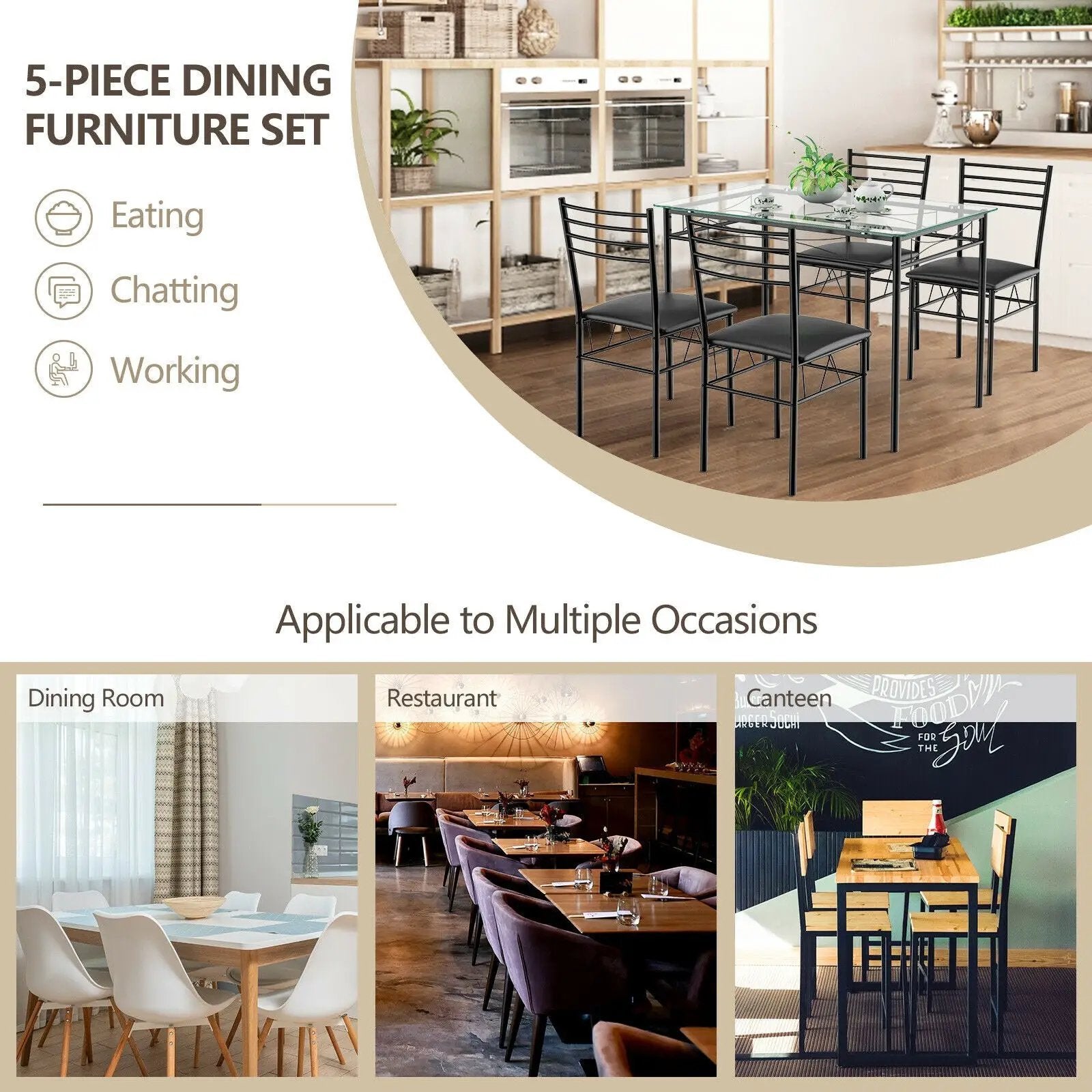 5 Pieces Dining Set with Tempered Glass Top Table and 4 Upholstered Chairs by DirectDeals