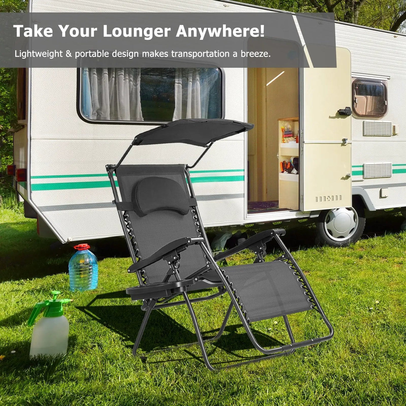 Folding Recliner Lounge Chair with Shade Canopy Cup Holder by DirectDeals