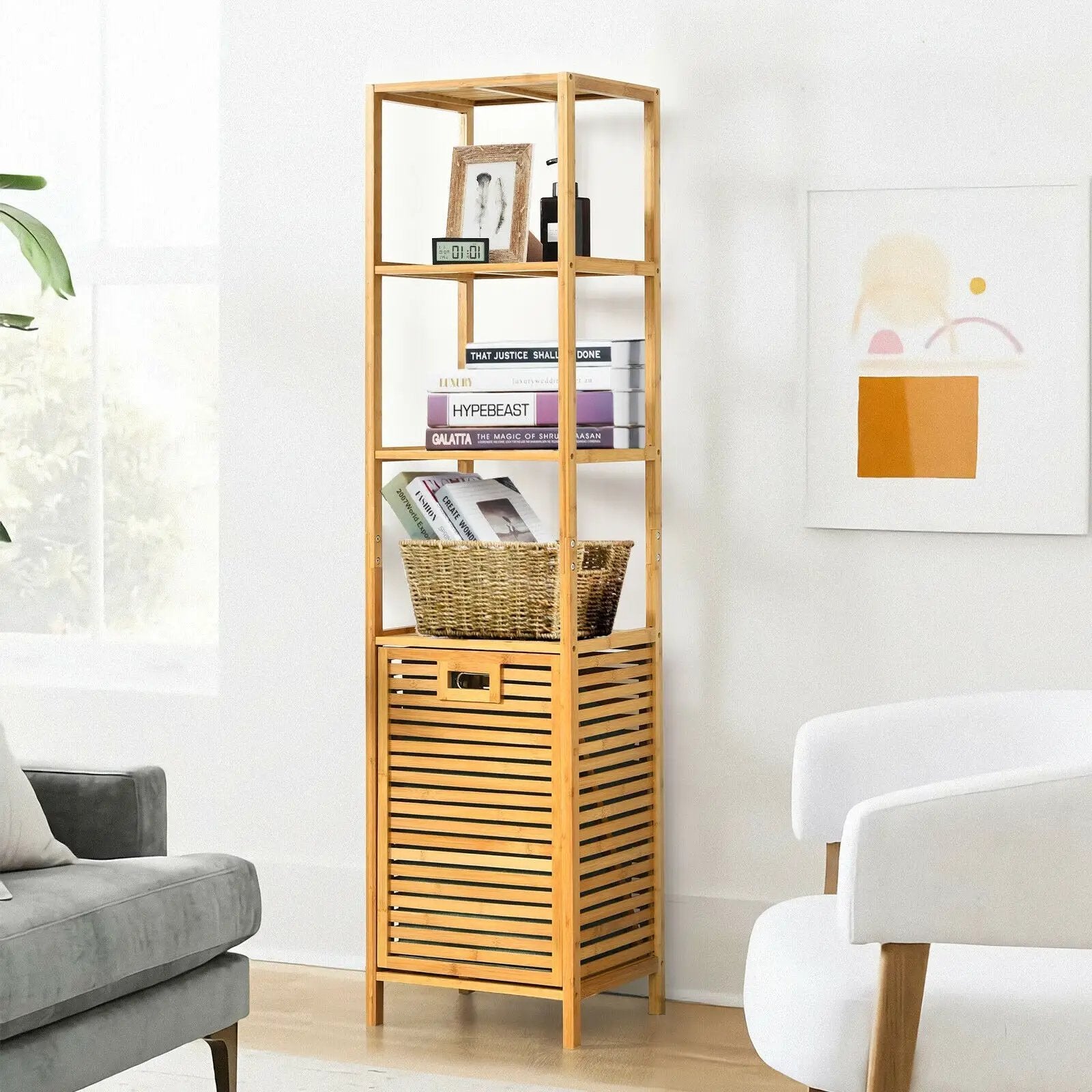 Bamboo Tower Hamper Organizer with 3-Tier Storage Shelves-Natural by DirectDeals