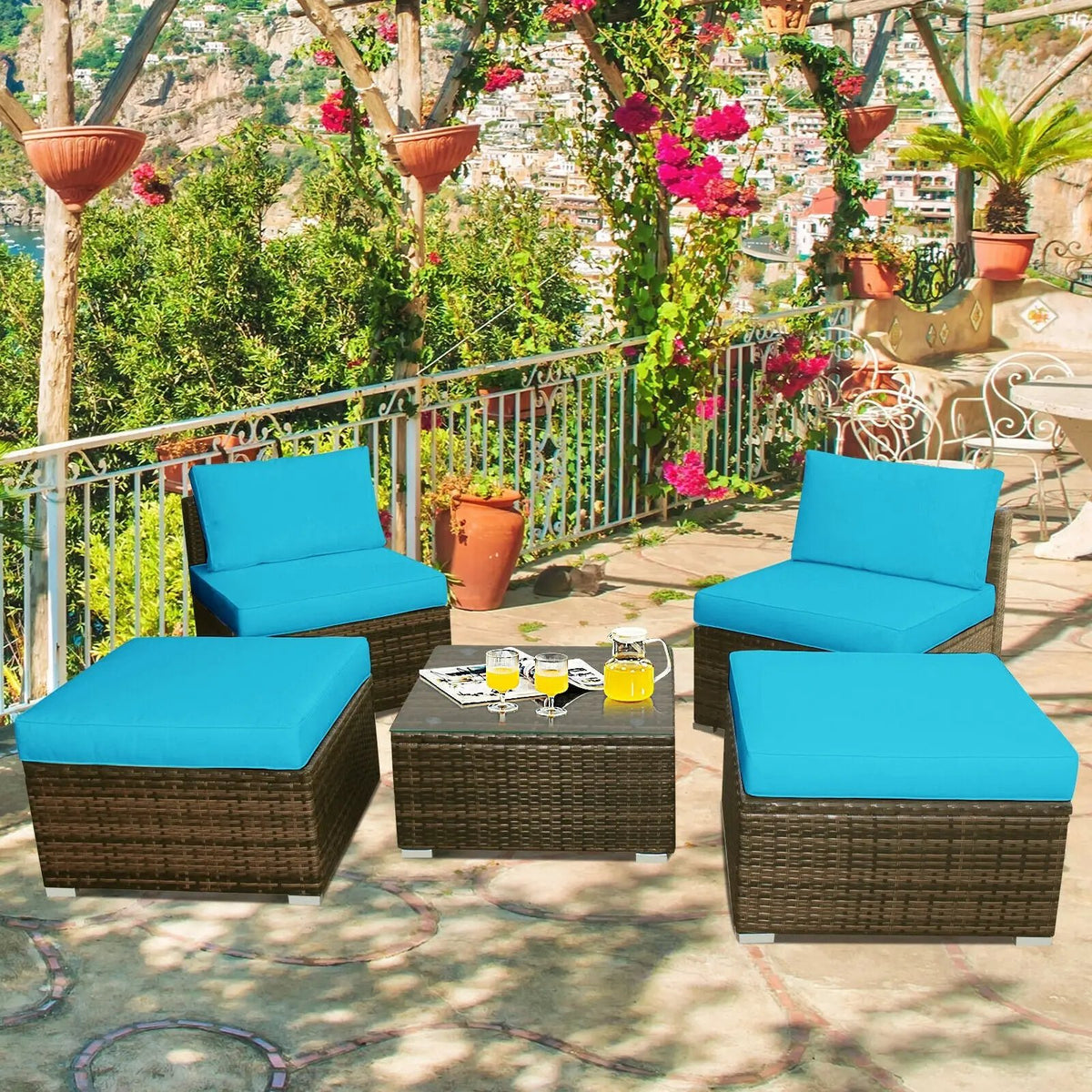 5 Pieces Patio Rattan Furniture Set with Cushioned Armless Sofa by DirectDeals