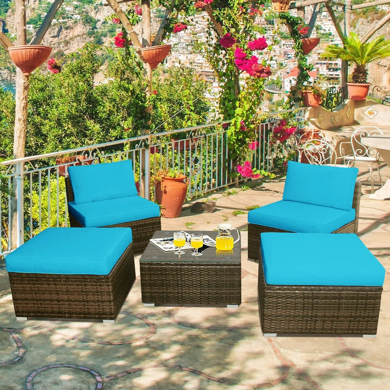5 Pieces Patio Rattan Furniture Set with Cushioned Armless Sofa by DirectDeals