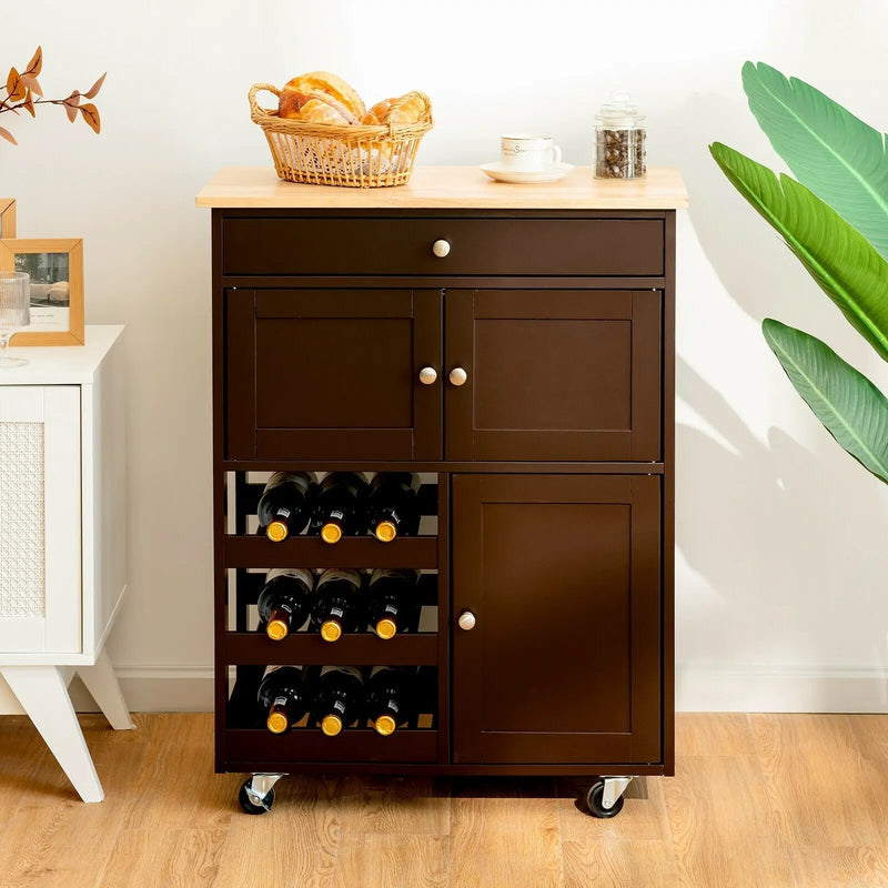 Kitchen Cart with Rubber Wood Top 3 Tier Wine Racks 2 Cabinets by DirectDeals