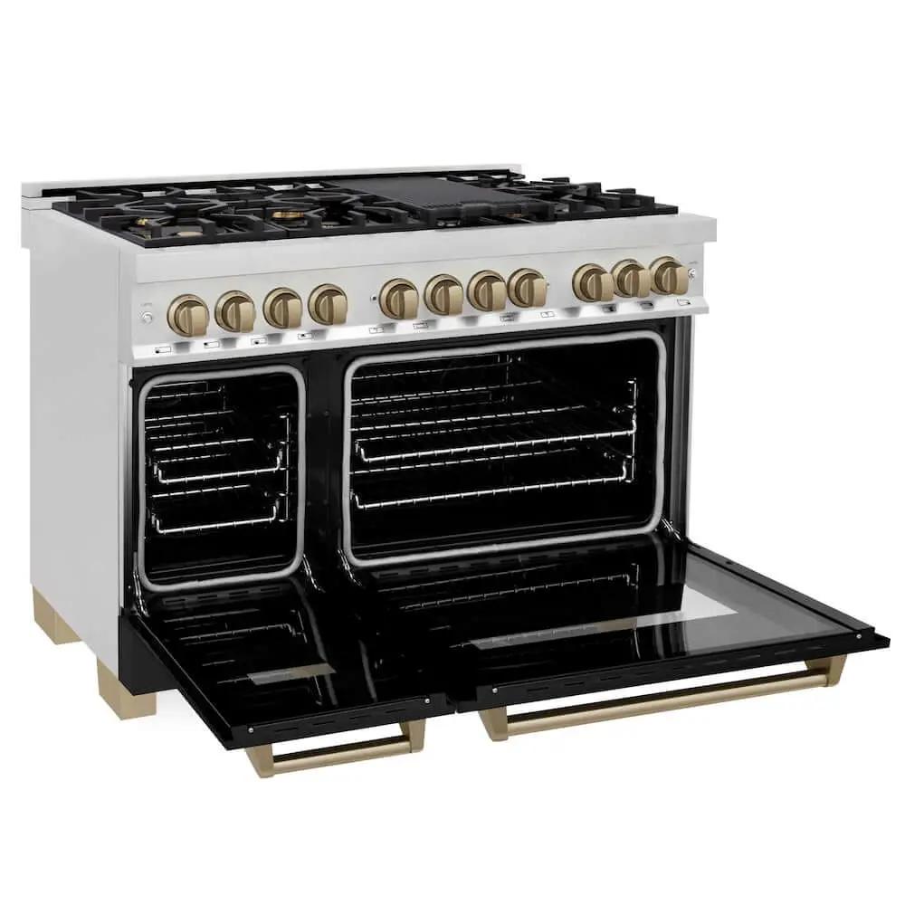 ZLINE 48" Autograph Dual Fuel Range, Black, Bronze, RAZ-BLM-48-CB by Farmhouse Kitchen and Bath