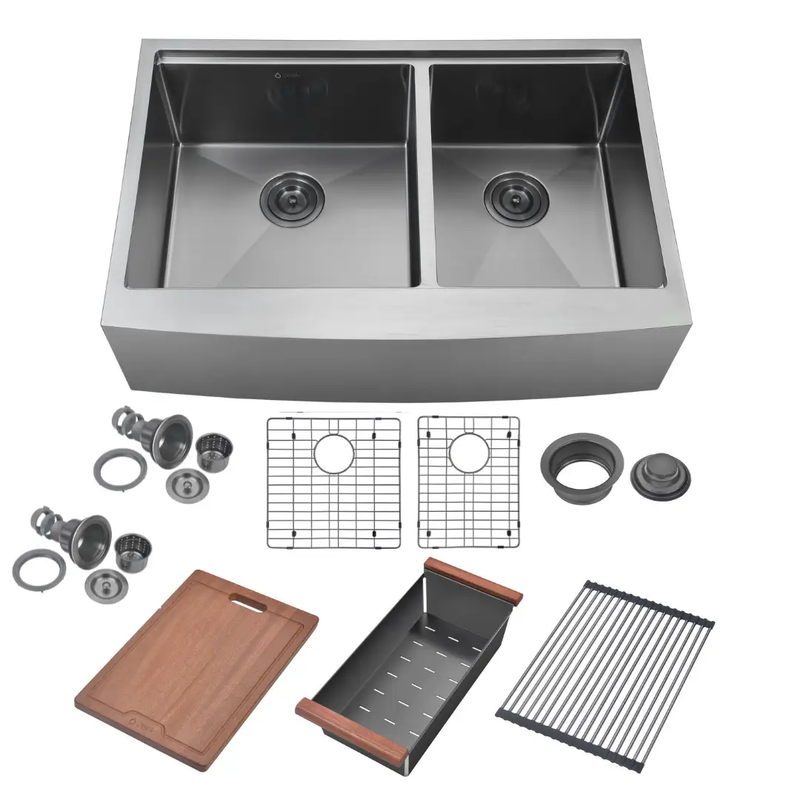 Zeek 33" Farmhouse Workstation 60/40 Bowl Gunmetal Matte Black Kitchen Sink With Accessories PVD Nano Tech Coating ENZO ZA-B642 by ZEEK