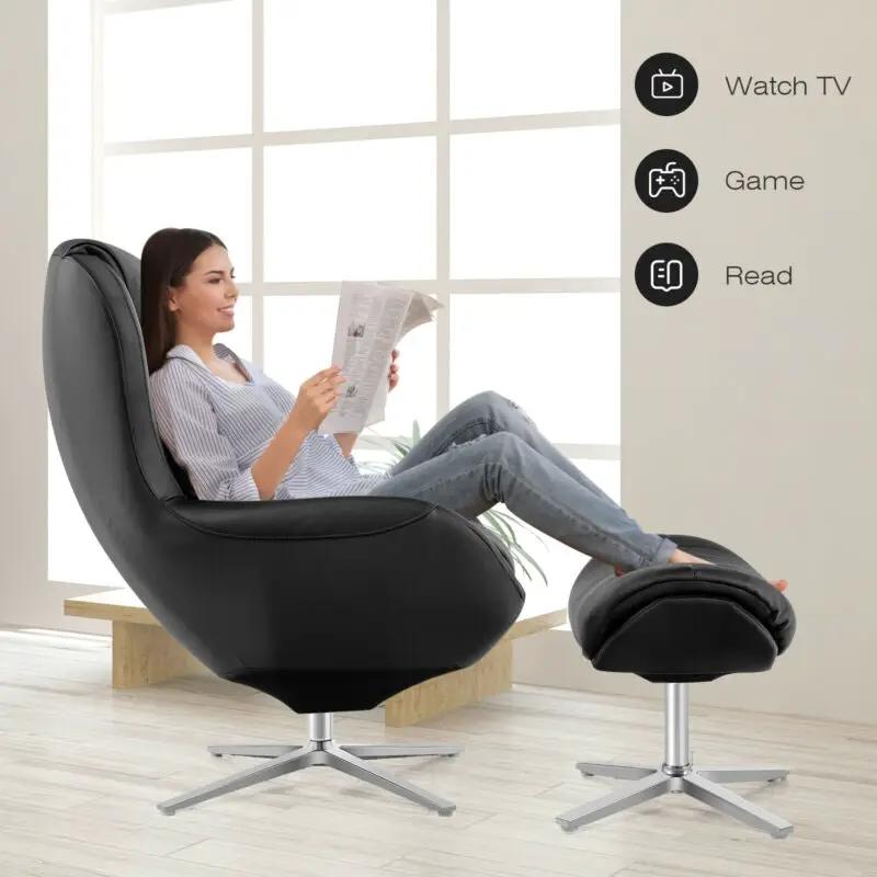 360¬∞ Swivel Leather Lounge Chair with Ottoman and Aluminum Alloy Base by DirectDeals