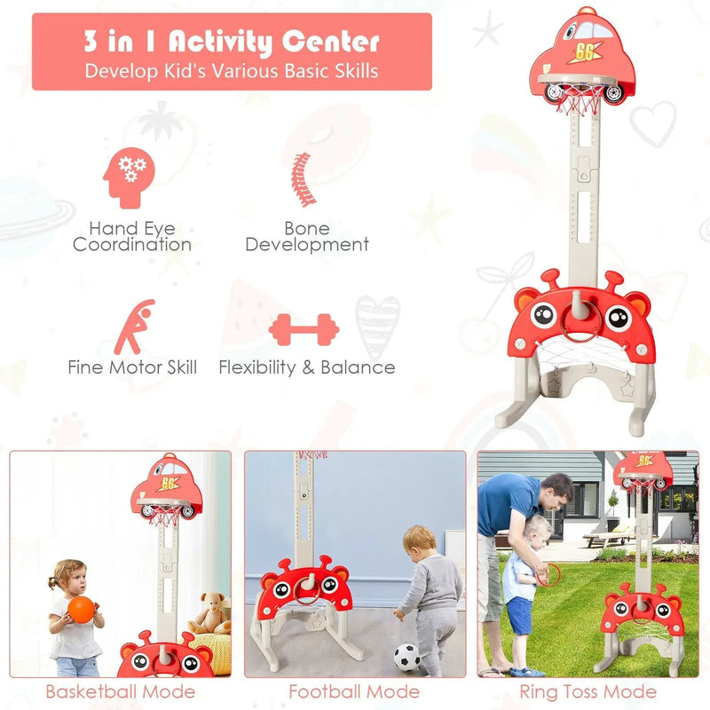 3-in-1 Basketball Hoop for Kids Adjustable Height Playset with Balls-Red by DirectDeals