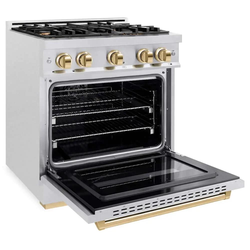ZLINE 30" Classic Gas Range, Convection Gas Oven DuraSnow® Stainless Steel, Gold CGRSZ-30-G by Farmhouse Kitchen and Bath