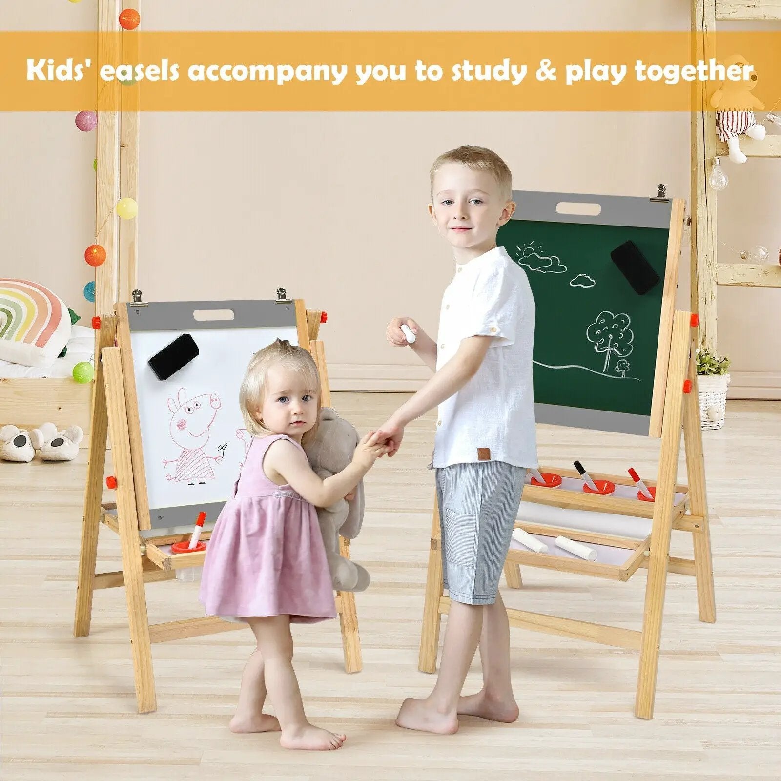 Kids Art Easel with Paper Roll Double Sided Chalkboard and Whiteboard-Gray by DirectDeals
