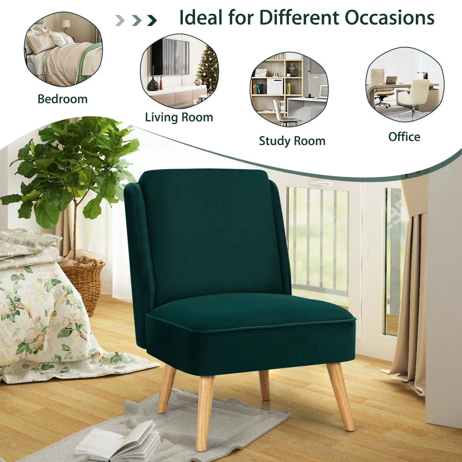 Velvet Accent Armless Side Chair with Rubber Wood Legs for Bedroom by DirectDeals