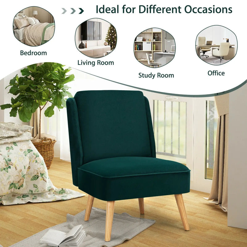 Velvet Accent Armless Side Chair with Rubber Wood Legs for Bedroom by DirectDeals
