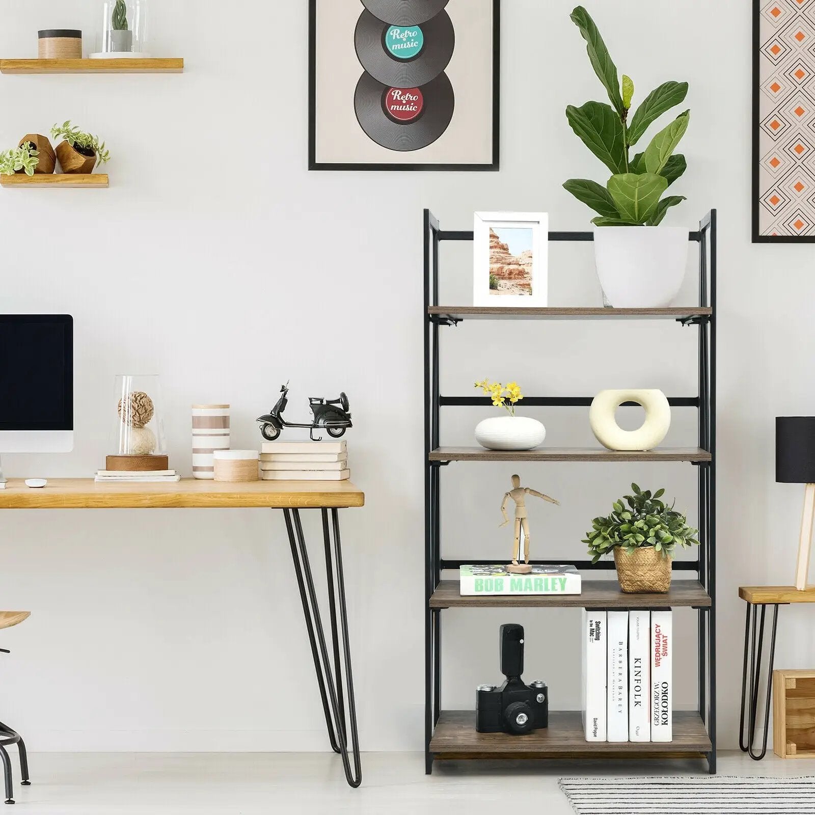 4-Tier Folding Bookshelf No-Assembly Industrial Bookcase Display Shelves by DirectDeals