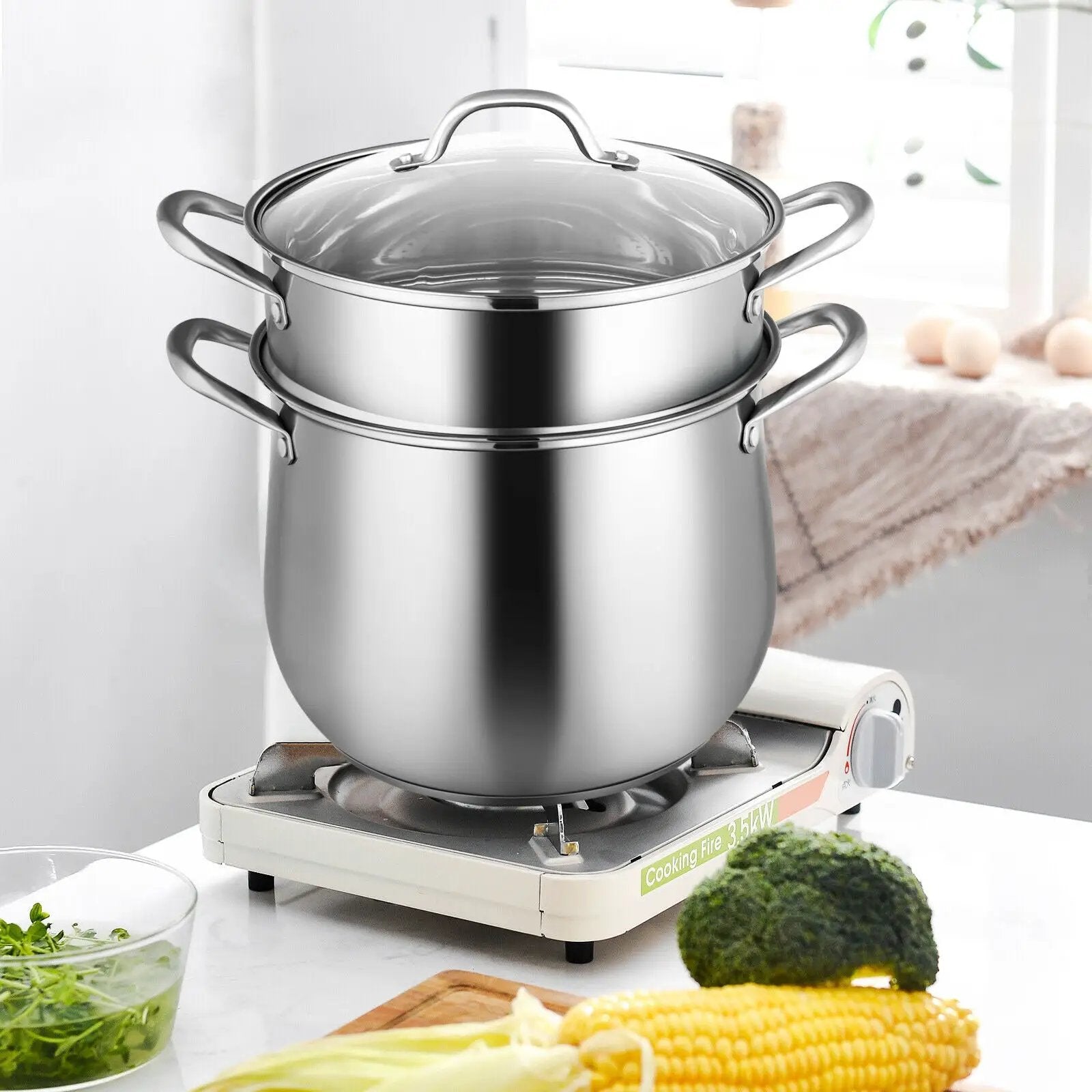 2-Tier Steamer Pot Saucepot Stainless Steel with Tempered Glass Lid by DirectDeals