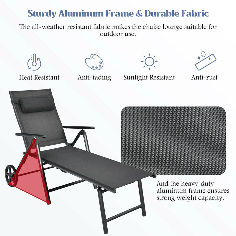 Patio Lounge Chair with Wheels Neck Pillow Aluminum Frame Adjustable-Gray by DirectDeals