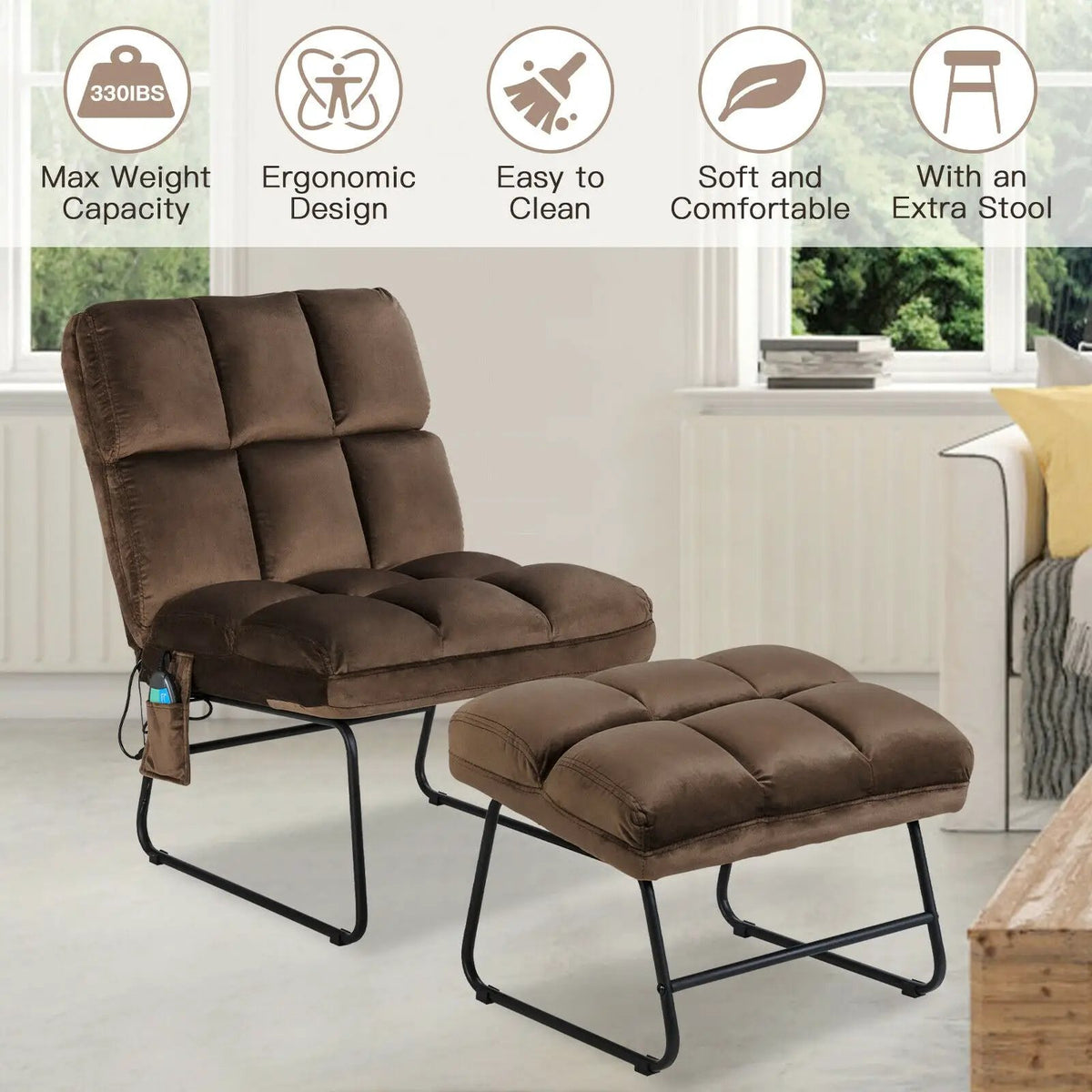 Velvet Massage Recliners with Ottoman Remote Control and Side Pocket by DirectDeals