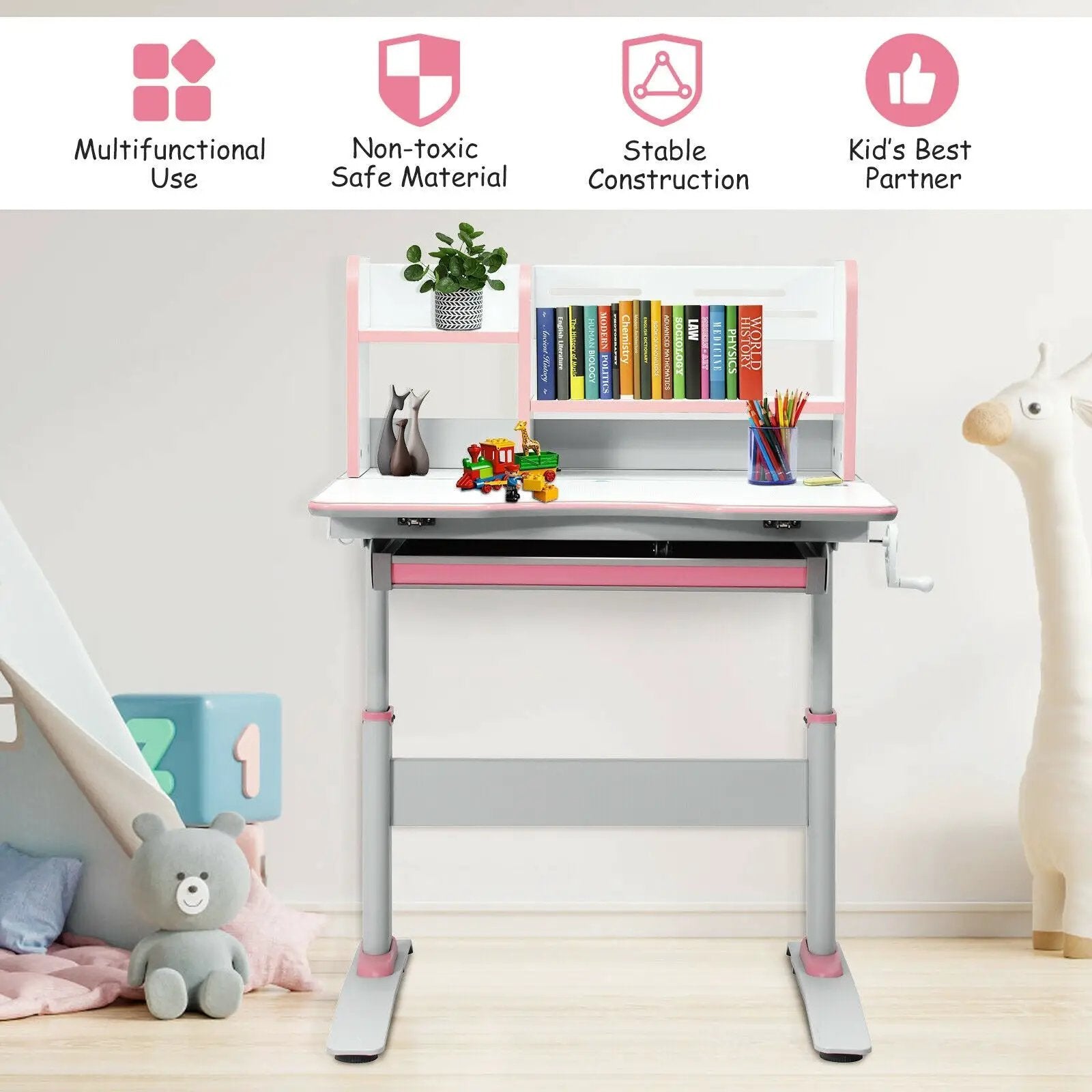 Kids Multifunctional Writing Desk with Tilt Desktop and Book Shelf by DirectDeals